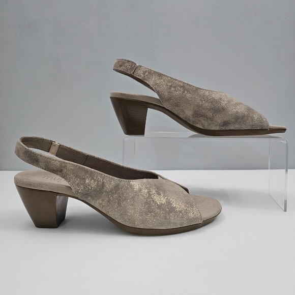 Munro Rochelle Heel Womens 9 Taupe Shimmer Suede Slingback Peep Toe Comfort - Picture 3 of 13